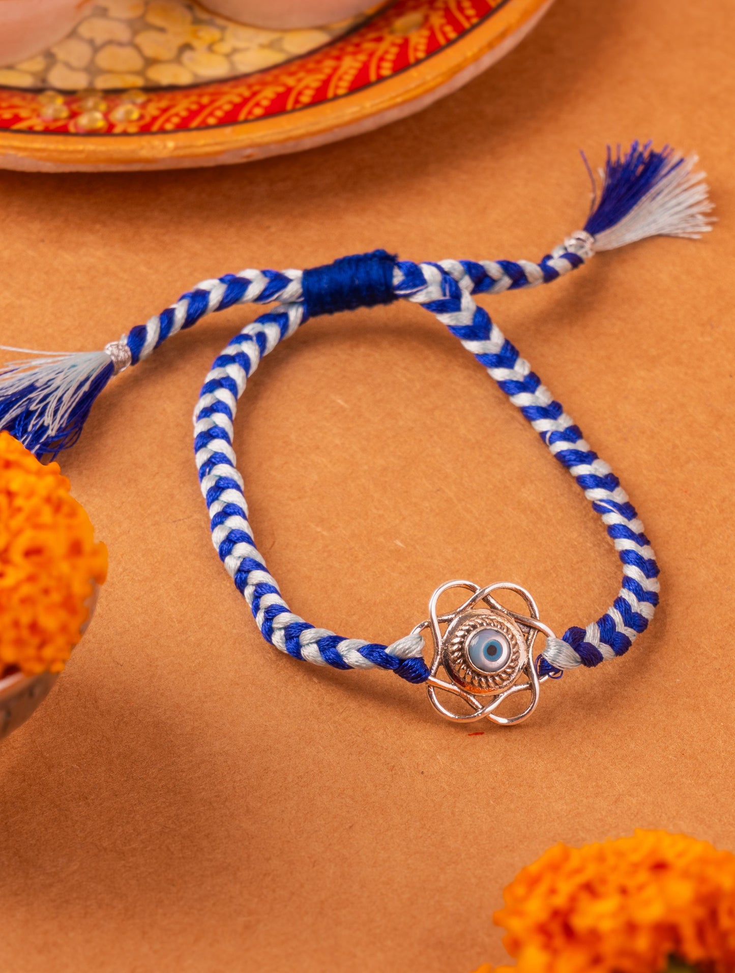 Silver Evil Eye Floral Rakhi