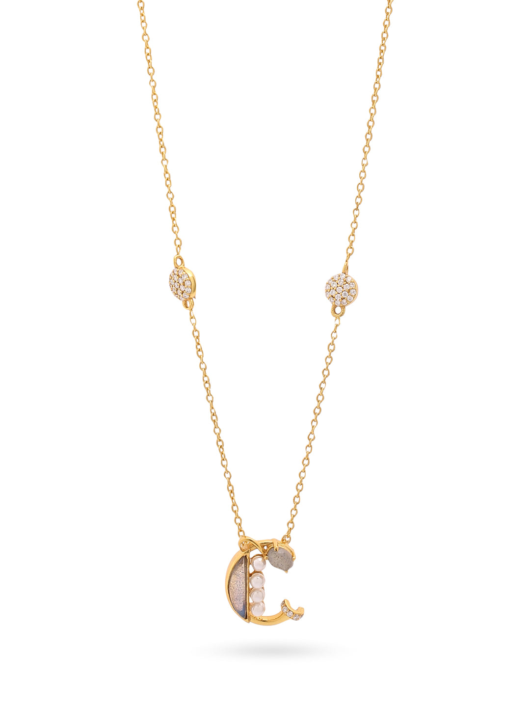 Labradorite Pearl Gold-plated Gem Accents 'C' Alphabet Pendant 925 Sterling Silver Pendant For Women