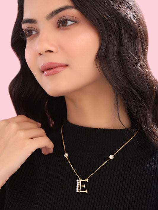Pearl 925 Sterling Silver 'E' Alphabet -24K Gold Plated Pendant For Women