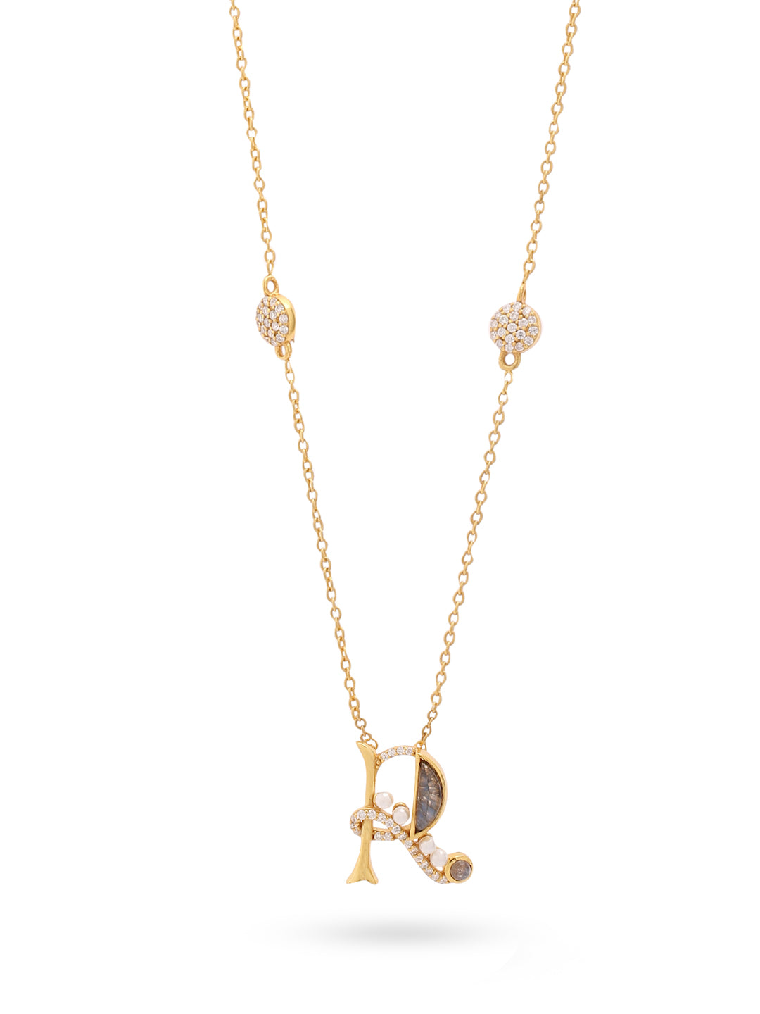 Labradorite Pearl Gold-plated Sleek 'R' Alphabet 925 Sterling Silver Pendant For Women