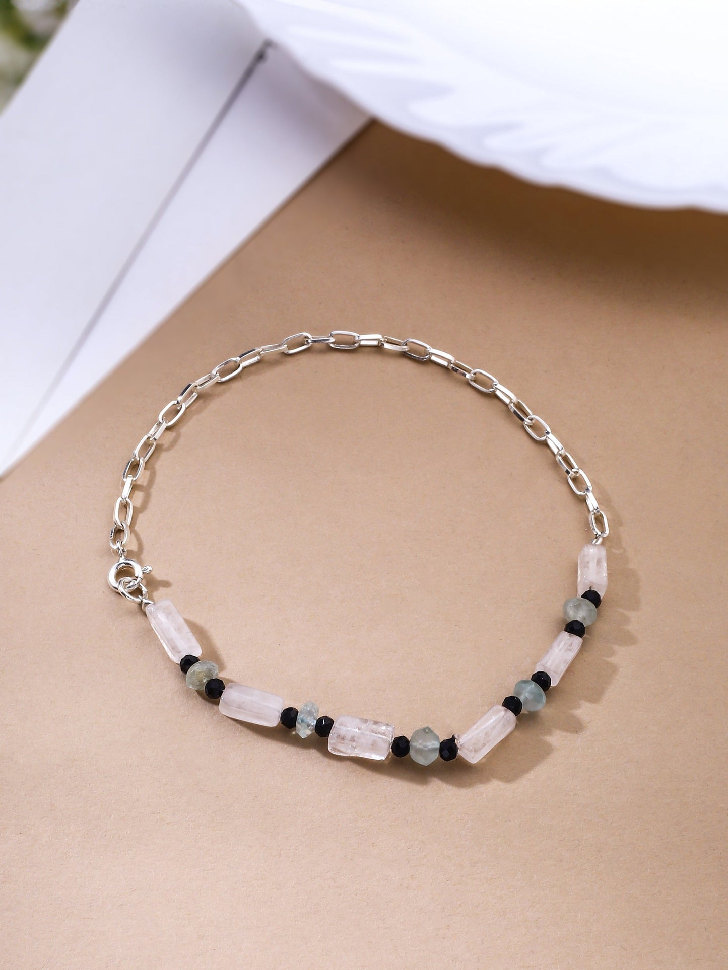 Beads Quartz Initial Adorned 925 Sterling Silver Anklet For Women