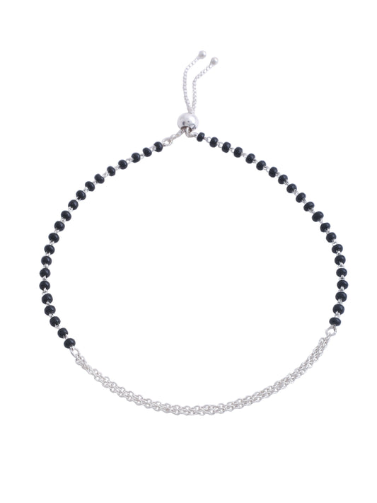Adjustable 925 Sterling Silver Black Bead Anklet For Women