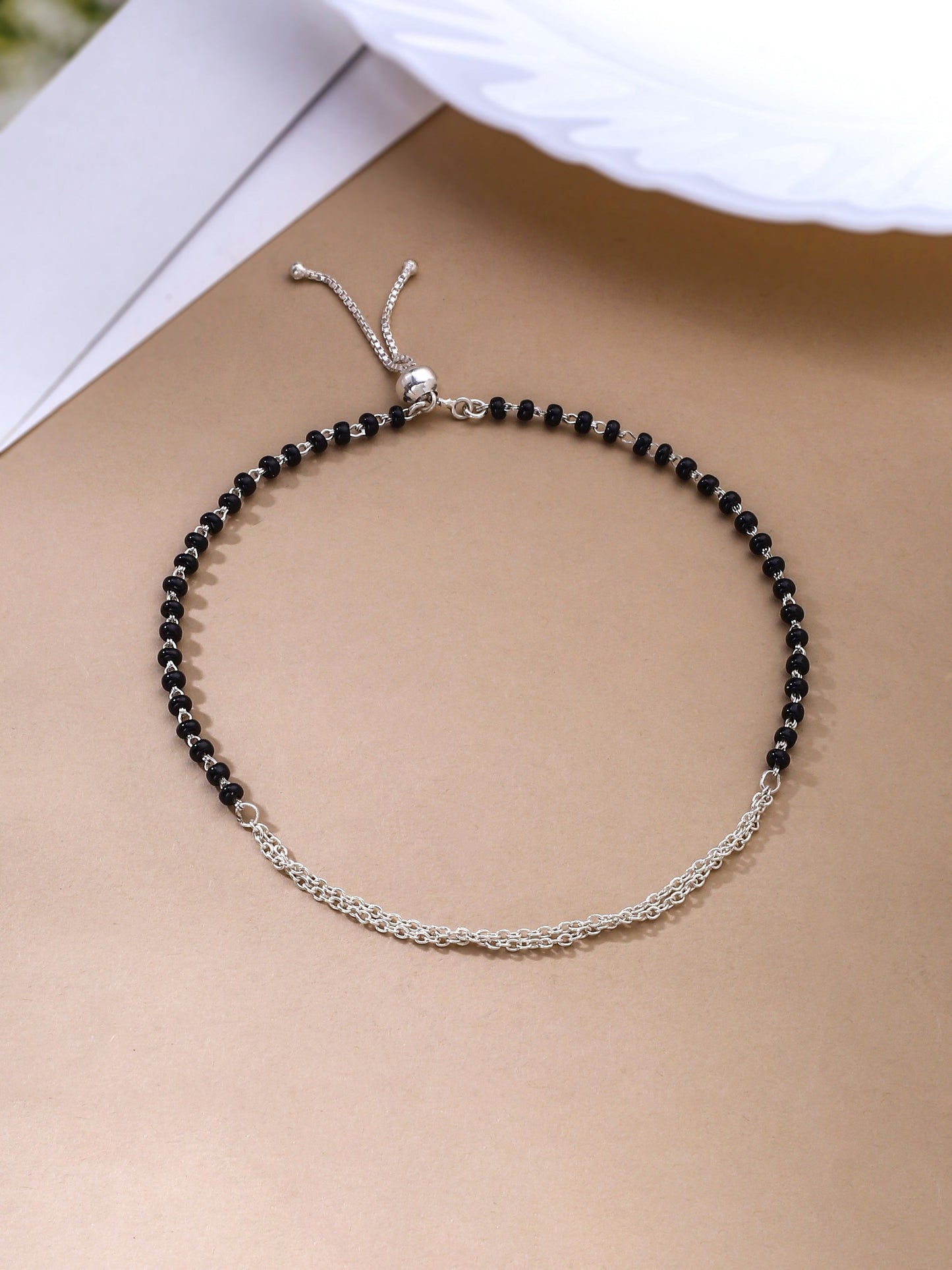 Adjustable 925 Sterling Silver Black Bead Anklet For Women