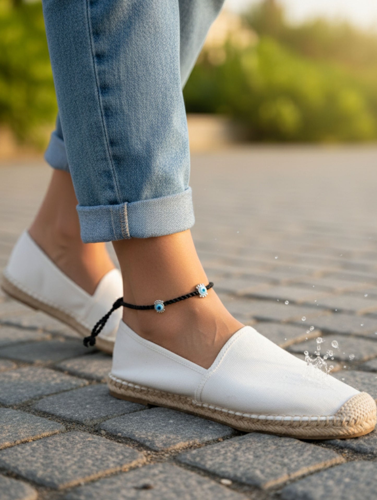 Black Cord and Sterling Silver Evil Eye Anklet