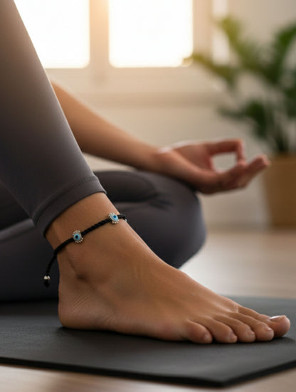 Black Cord and Sterling Silver Evil Eye Anklet