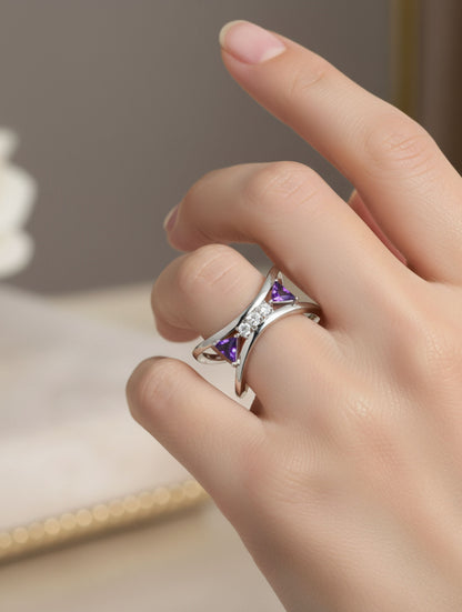 Adjustable Amethyst and Moissanite 925 Sterling Silver Ring For Women