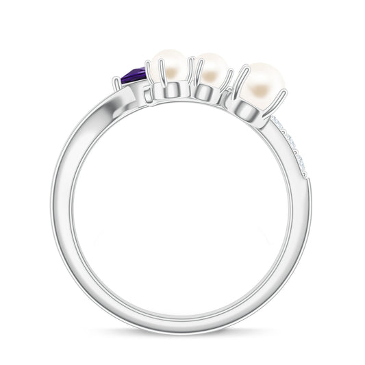 Abstract Amethyst and Pearl 925 Sterling Silver Ring For Women