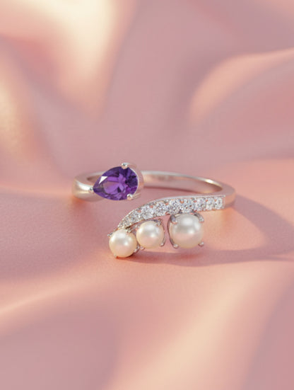 Abstract Amethyst and Pearl 925 Sterling Silver Ring For Women