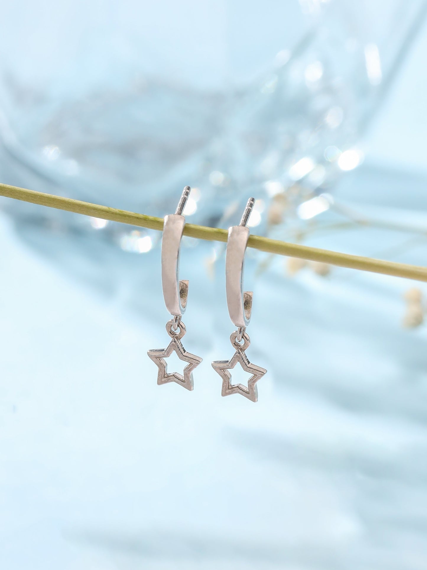 Rhodium Hollow Star Strung 925 Sterling Silver Earrings For Women