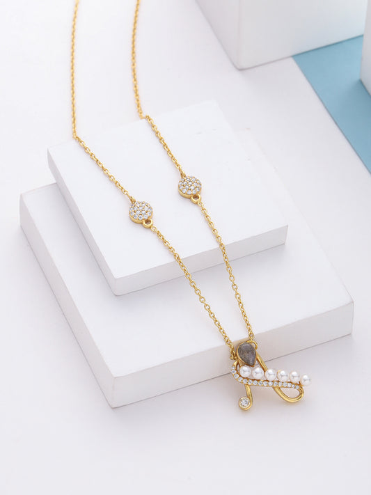 Labradorite Pearl Gold-plated Elegent 'A' Alphabet 925 Sterling Silver Pendant For Women