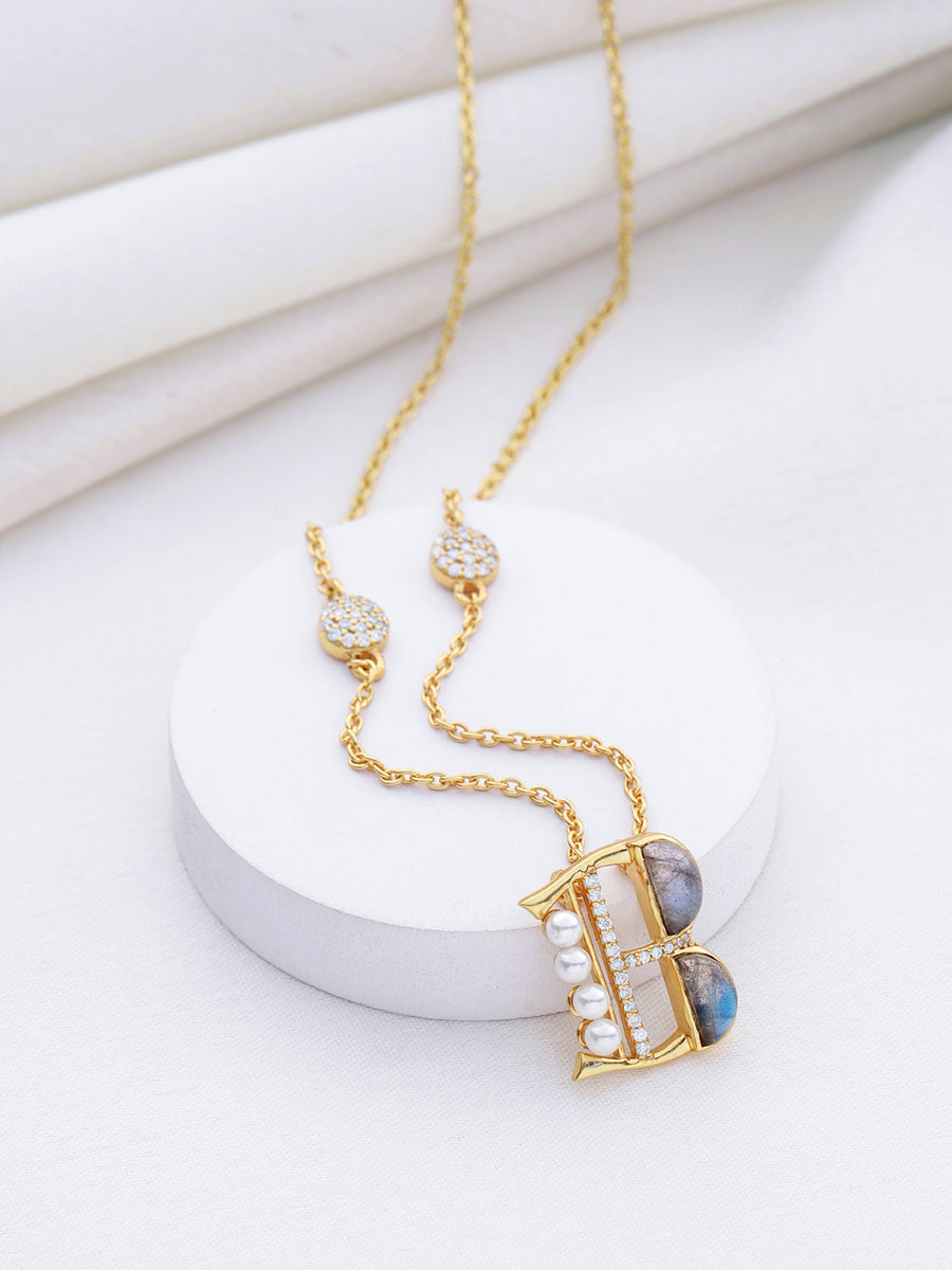 Labradorite Pearl Gold-plated Enchanting 'B' Alphabet 925 Sterling Silver Pendant For Women