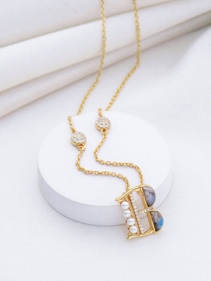 Labradorite Pearl Gold-plated Enchanting 'B' Alphabet 925 Sterling Silver Pendant For Women