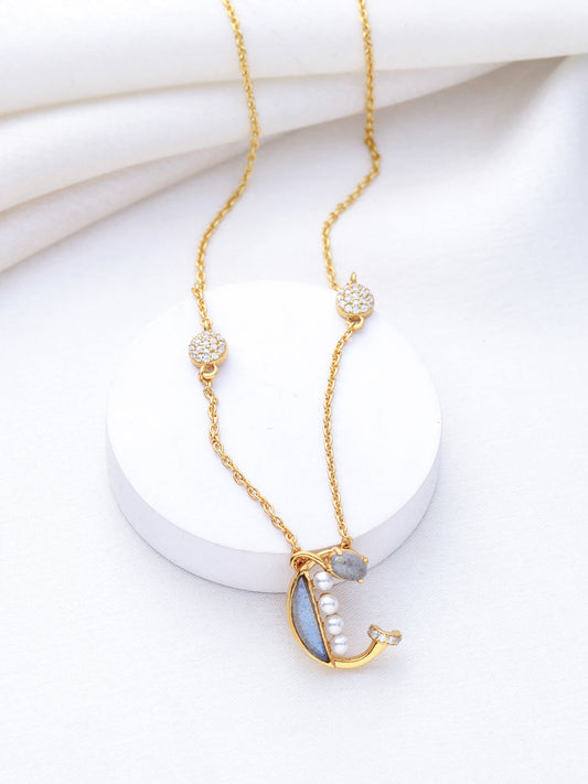 Labradorite Pearl Gold-plated Gem Accents 'C' Alphabet Pendant 925 Sterling Silver Pendant For Women