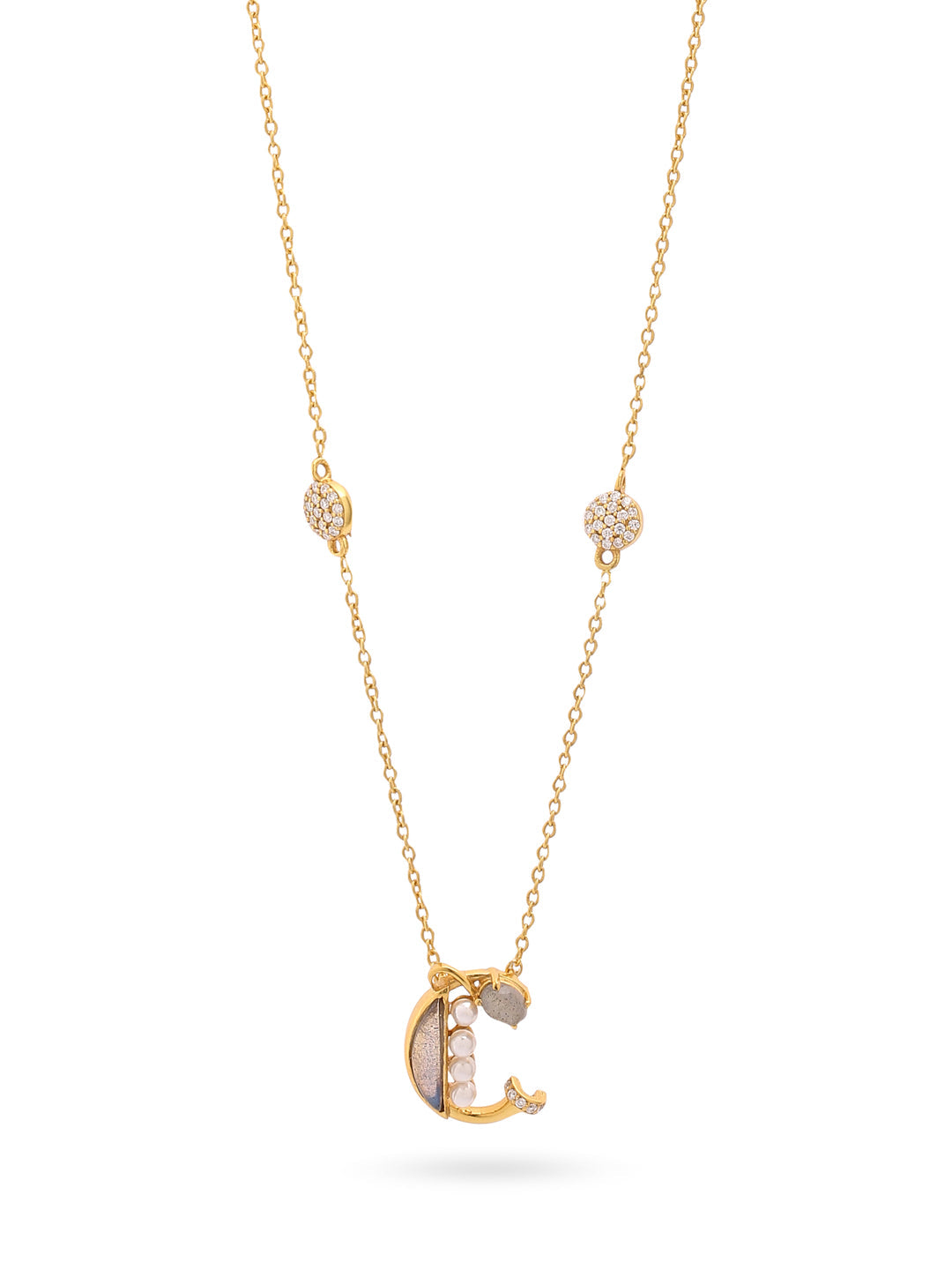 Labradorite Pearl Gold-plated Gem Accents 'C' Alphabet Pendant 925 Sterling Silver Pendant For Women
