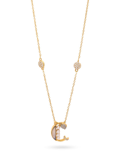 Labradorite Pearl Gold-plated Gem Accents 'C' Alphabet Pendant 925 Sterling Silver Pendant For Women