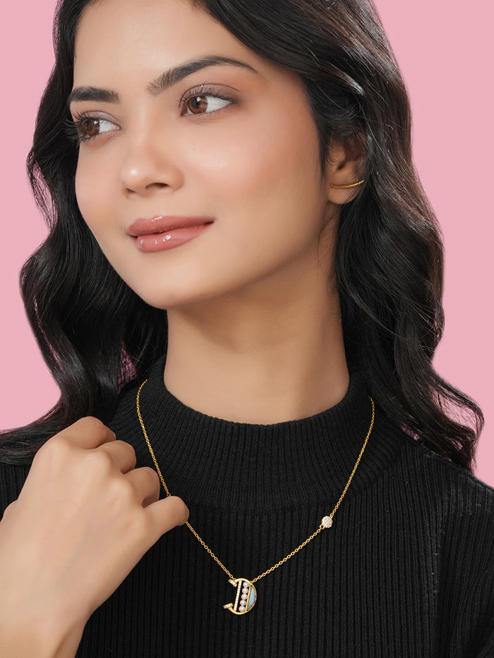 Labradorite Pearl Gold-plated Elegant 'D' Alphabet 925 Sterling Silver Pendant For Women