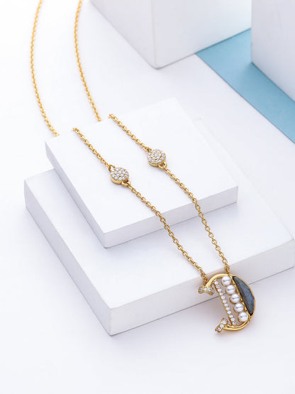 Labradorite Pearl Gold-plated Elegant 'D' Alphabet 925 Sterling Silver Pendant For Women