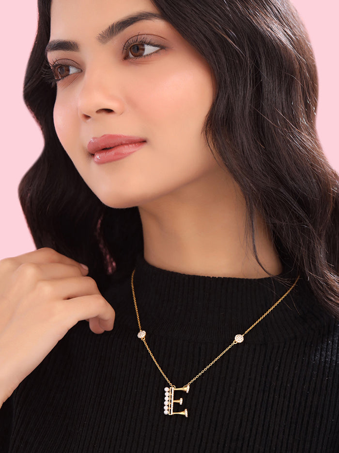 Pearl 925 Sterling Silver 'E' Alphabet -24K Gold Plated Pendant For Women