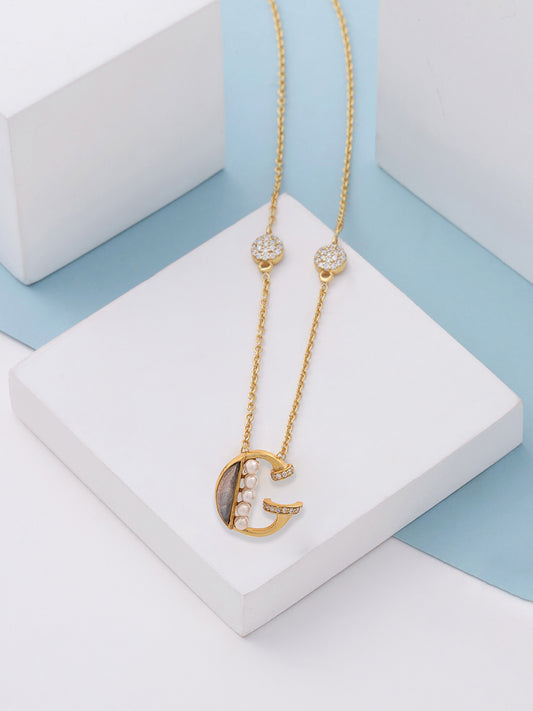 Labradorite Pearl Gold-plated Charming 'G' Alphabet 925 Sterling Silver Pendant For Women