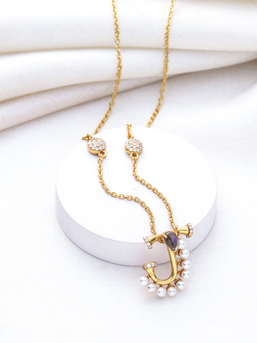 Labradorite Pearl Gold-plated Charming 'J' Alphabet 925 Sterling Silver Pendant For Women