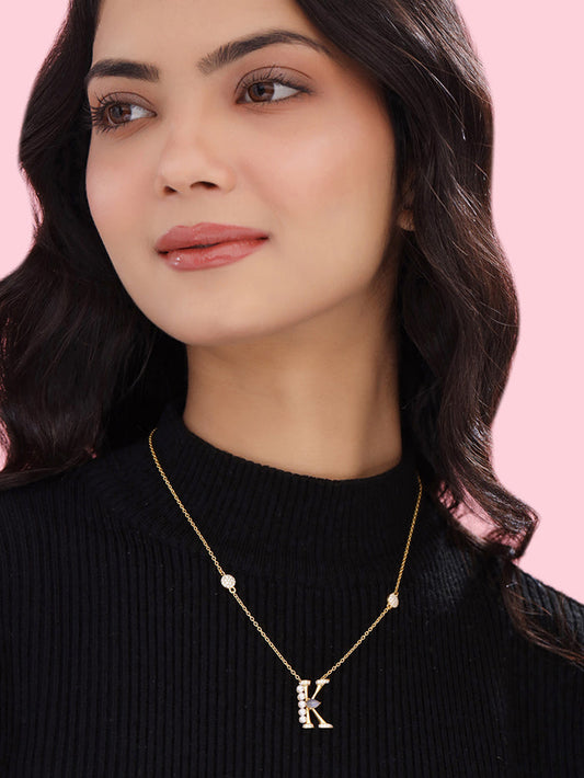 Labradorite Pearl Gold-plated Intricate 'K' Alphabet 925 Sterling Silver Pendant For Women