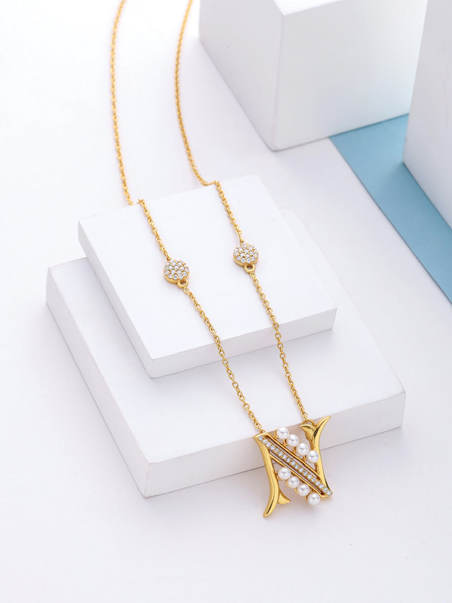 Pearl Gold-plated Personalized 'N' Alphabet 925 Sterling Silver Pendant For Women