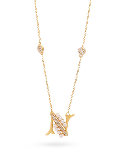 Pearl Gold-plated Personalized 'N' Alphabet 925 Sterling Silver Pendant For Women