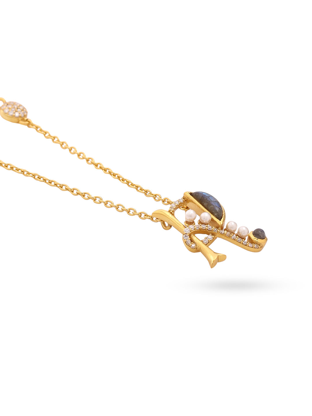 Labradorite Pearl Gold-plated Sleek 'R' Alphabet 925 Sterling Silver Pendant For Women