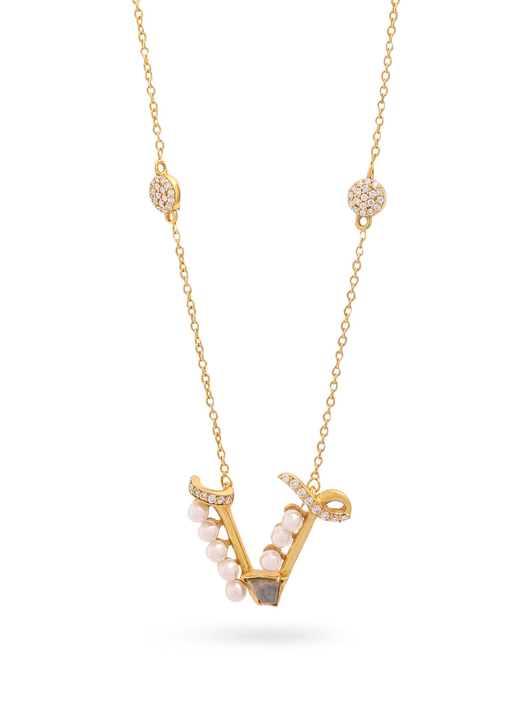 Labradorite Pearl Gold-plated Charming 'V' Alphabet 925 Sterling Silver Pendant For Women